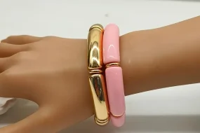 Reçine - Akrilik Vintage Elastik Kemik Bileklik - Gold Pembe