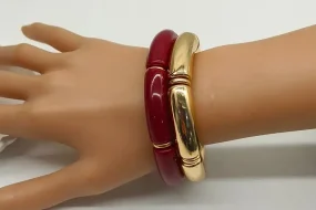 Reçine - Akrilik Vintage Elastik Kemik Bileklik - Gold Bordo