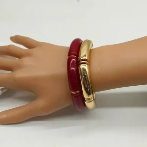 Reçine - Akrilik Vintage Elastik Kemik Bileklik - Gold Bordo